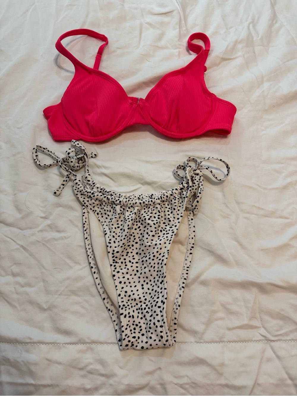 Hot Pink Ribbed Bikini Top with Cream Black Polka Dot Tie-Side Bottoms